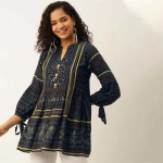 Collar Printed Tie-up Sleeves Cotton Tunic