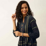 Collar Printed Tie-up Sleeves Cotton Tunic