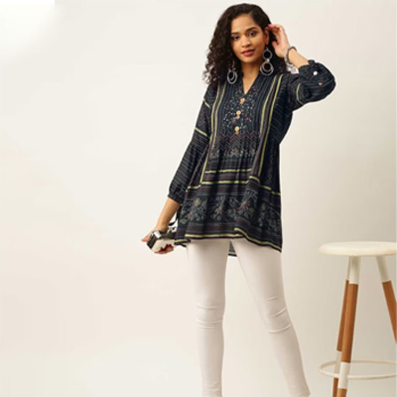 Collar Printed Tie-up Sleeves Cotton Tunic