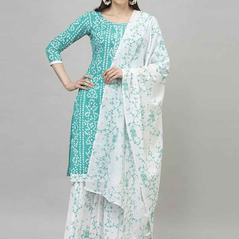 Blue and white printed unstitched dress material 