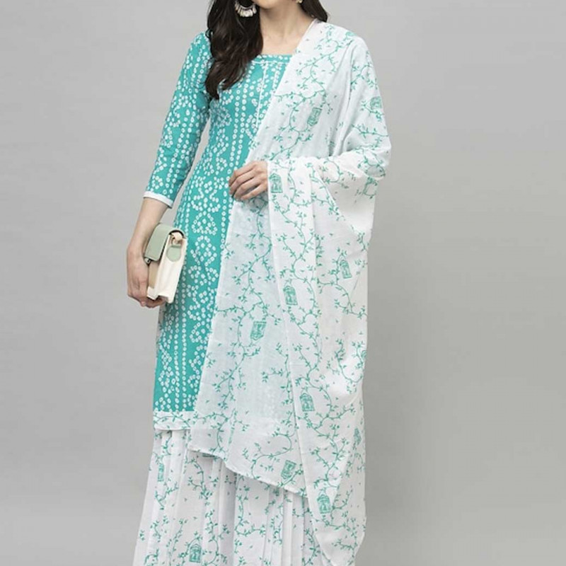 Blue and white printed unstitched dress material 